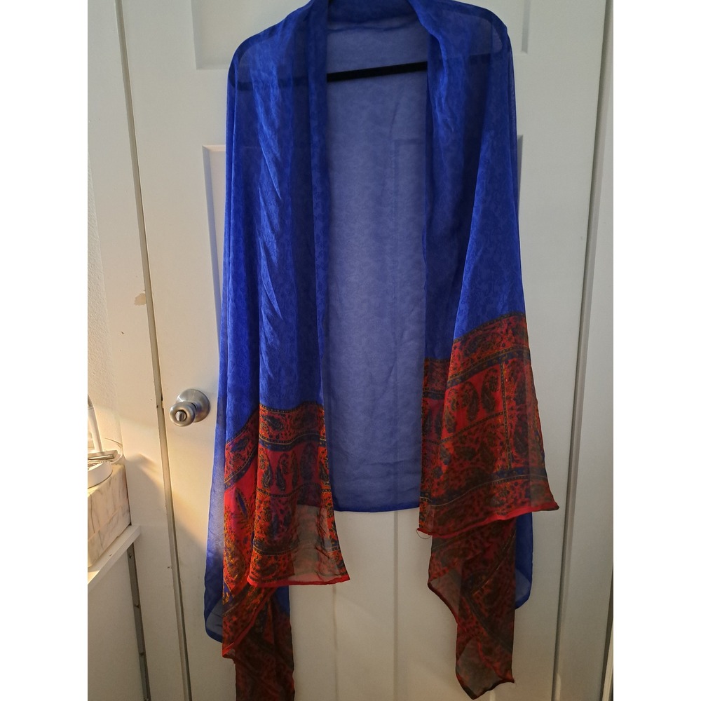 Royal Blue Sheer Scarf with Red Paisley Border Bohemian Lightweight Wrap Shawl